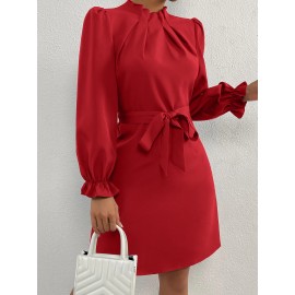 Solid Mock Neck Flounce Sleeve Belted Dress