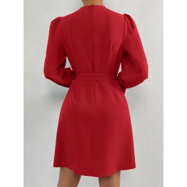 Solid Mock Neck Flounce Sleeve Belted Dress